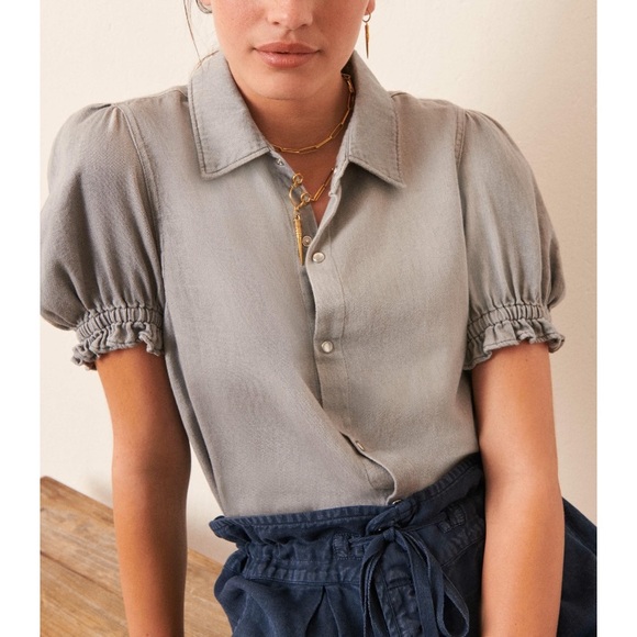 ba&sh Tops - Ba&sh Danee Denim Shirt (Sz 3 / L) Puff Sleeve Button Down Light Grey